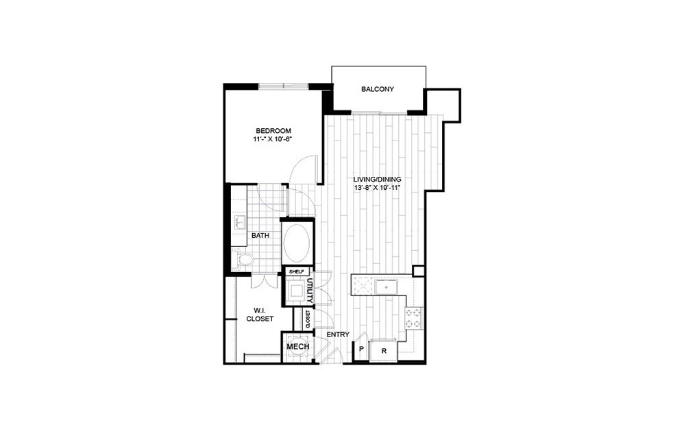 1N1 - 1 bedroom floorplan layout with 1 bathroom and 890 square feet