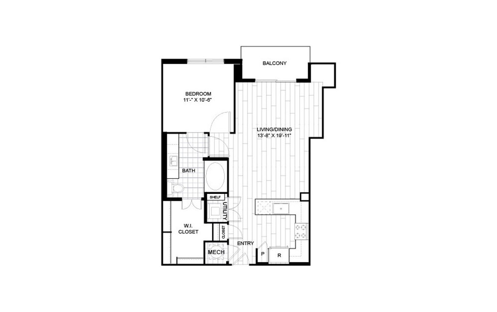1N2 - 1 bedroom floorplan layout with 1 bath and 889 square feet.