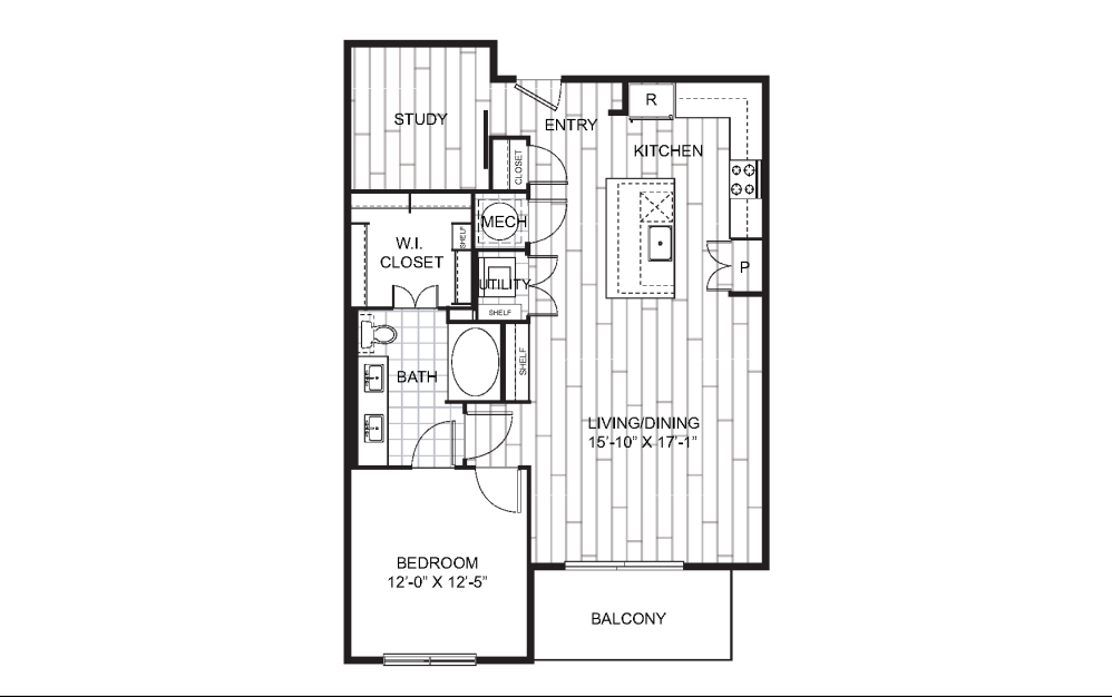 1T - 1 bedroom floorplan layout with 1 bathroom and 1057 square feet