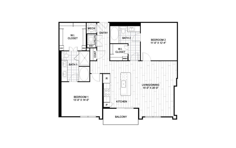 2P1 - 2 bedroom floorplan layout with 2 baths and 1343 square feet.
