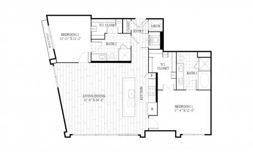 P.2N Two-Bedroom at Brady - P.2N two-bed/two-bath luxury apartment floor plan
